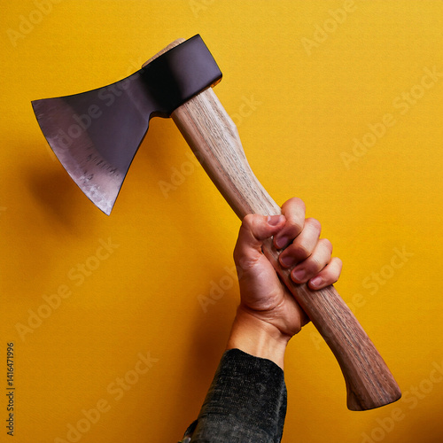 oil painting style Hand holding big axe, in the yellow background  illustration