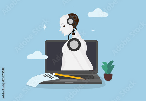 Artificial Intelligence Female Robot Appears from Laptop. Futuristic Technology and Digital Assistance Concept for Business and Communication