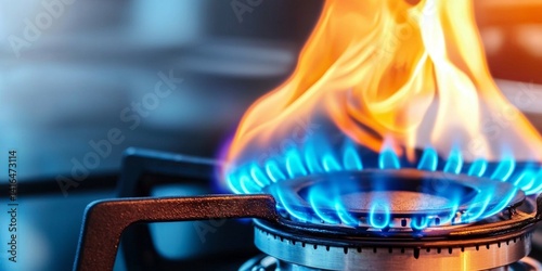 Safe and efficient cooking: blue fire on a domestic gas stove.