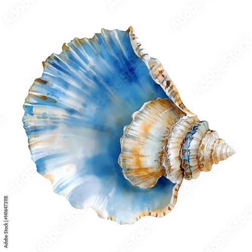 A breathtaking seashell, painted in cool blues and warm creams, evokes the tranquility of the ocean's depths with a watercolor wash effect.