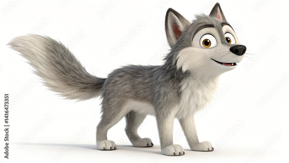 Obraz premium Adorable Cartoon Wolf Pup Gray Fur Fluffy Tail 3D Render Cute Animal Character