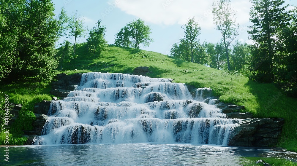 Obraz premium Stunning Waterfall in a Lush, Tree-Covered Landscape