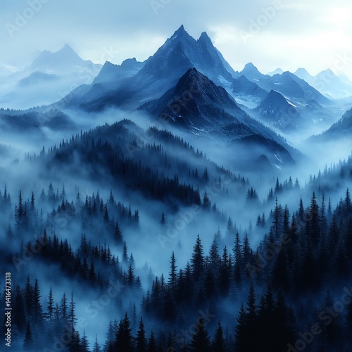 Ethereal Mountain Range with Mystical Fog in Monochromatic Blue