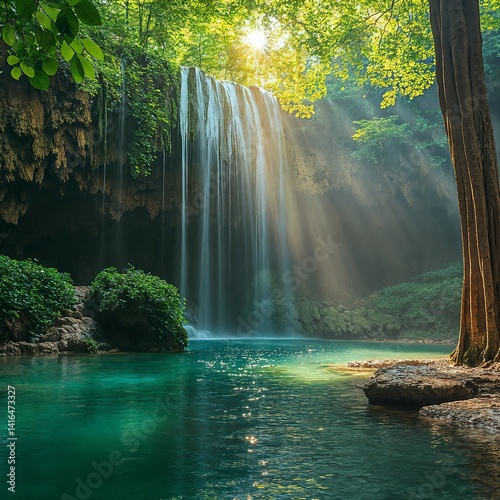 Pristine Waterfall peacefully cascading turquoise pool