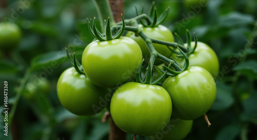 Wallpaper Mural Green unripe tomatoes growing on vine with stem and leaves. Developing fruit cluster on plant. Fresh organic produce for summer harvest and seasonal cooking Torontodigital.ca