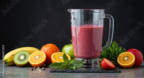 Fresh Pink Fruit Smoothie in Glass Blender with Colorful Tropical Fruits on Dark Counter