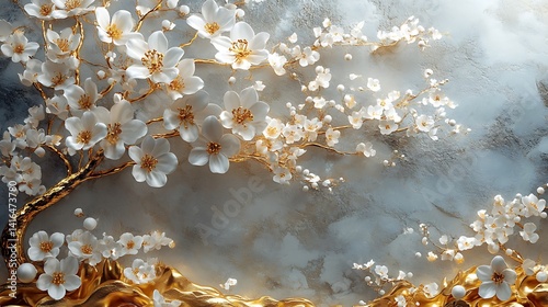 3D wallpaper featuring a white tree of life with golden flowers against a background.  
