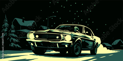 Classic Mustang in Snowy Night Scene