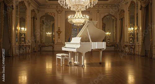 Elegant White Grand Piano In Classical Ornate Room With Chandelier
