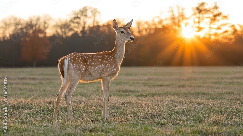 Fototapeta premium Fallow deer at sunrise casting long sun rays over field depicting wild animal and nature in europe and animal behavior in autumn forest environment