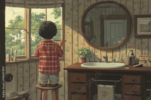 A young boy stands on a stool in a charming bathroom, painting at the window with sunlight streaming in