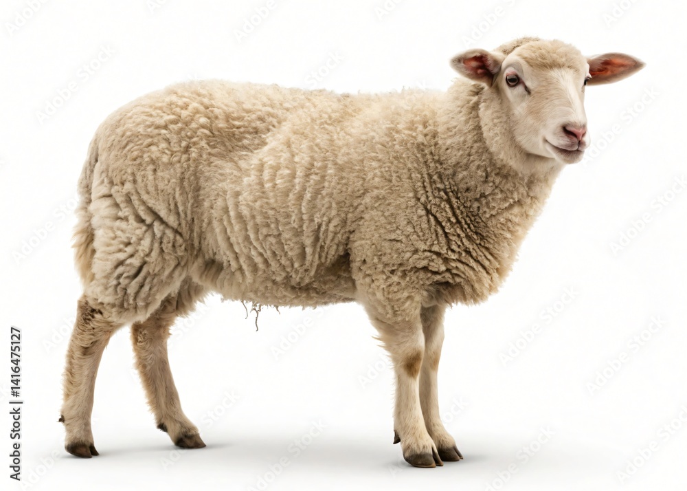 Fototapeta premium Fluffy Sheep Standing Profile Wool Texture Farm Animal White Background