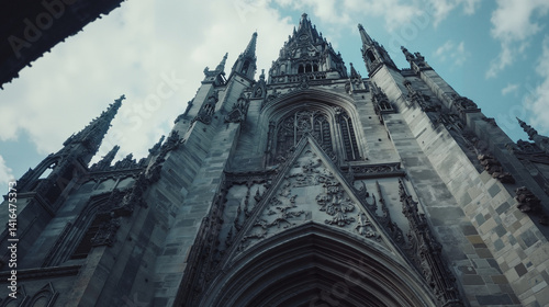Medieval Gothic Tower in Aged Stone with Intricate Spires Against Cloudy Sky