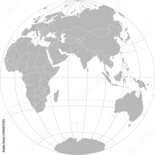 World vector map with country boundaries and graticules (Eastern hemisphere with -20 degree offset, Lambert Azimuthal equal-area projection
 projection, PPT-compatible & fully editable)