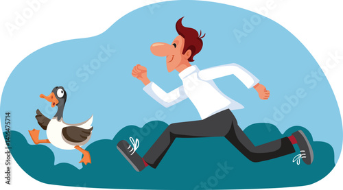 Funny Man Chasing a Wild Goose Vector Concept Illustration. Person chasing away a wild bird while trying to achieve an impossible dream