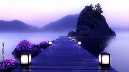 Mystical Dock with Glowing Lanterns Leading to Rocky Island