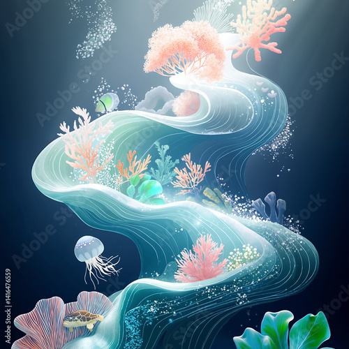 Ethereal Underwater Scene in Soft Pastels featuring Luminous Waves and Marine Life