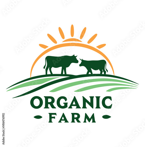 organic farm logo with a sun and cows on the top