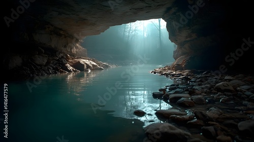 Enchanting underwater cave with glowing mineral-rich water