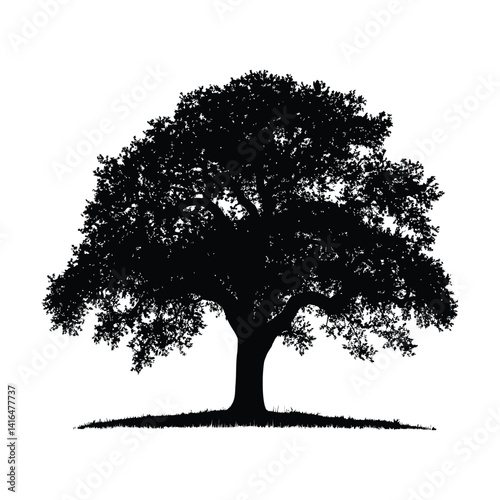 Large oak tree black silhouette of simple minimal vector