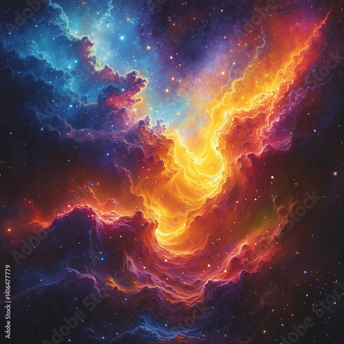 Dynamic Digital Art in Contrasting Cool Blues and Warm Oranges Showing Celestial Nebula Explosion
