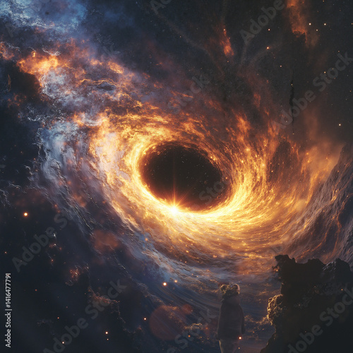 Intense Digital Space Art in Orange and Blue Hues Depicting Cosmic Black Hole Energy Vortex