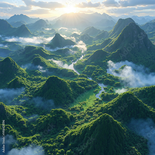 Serene Digital Landscape in Golden Morning Light Showing Misty Mountain Range with River Valley