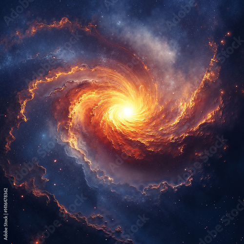 Dramatic Digital Rendering in Fiery Orange and Purple Depicting Supernova Explosion Illuminating Swirling Galaxy