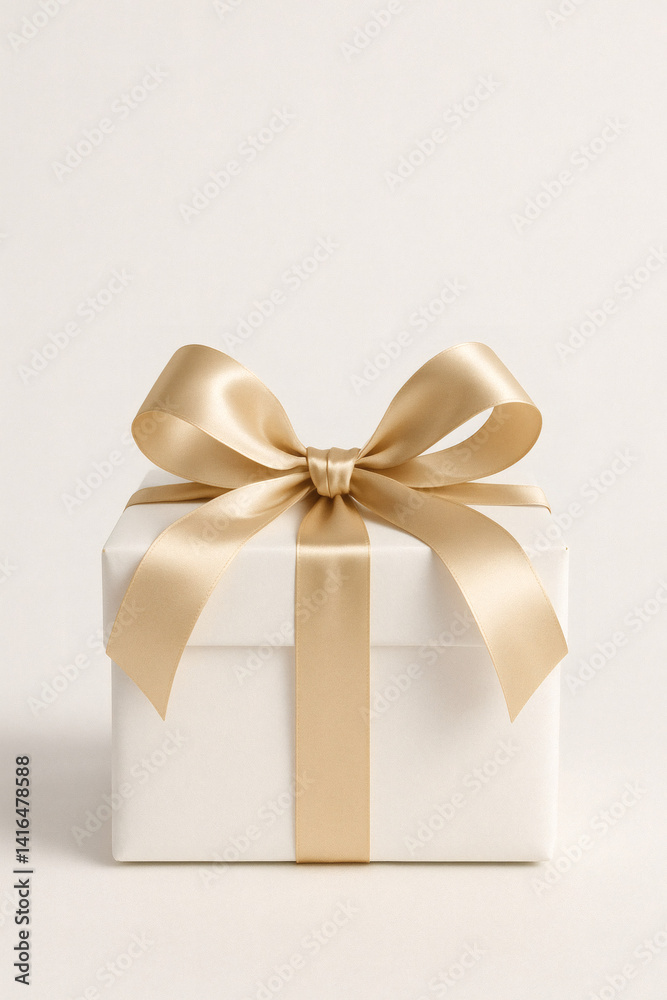 Obraz premium Front view of a white square gift box with a shiny satin golden ribbon tied in a bow, placed on a neutral light background. Realistic texture of the fabric and paper, soft lighting, and no logos or te