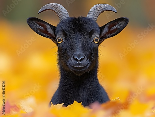 Black Goat Portrait Amidst Vibrant Autumn Leaves in Nature Setting photo