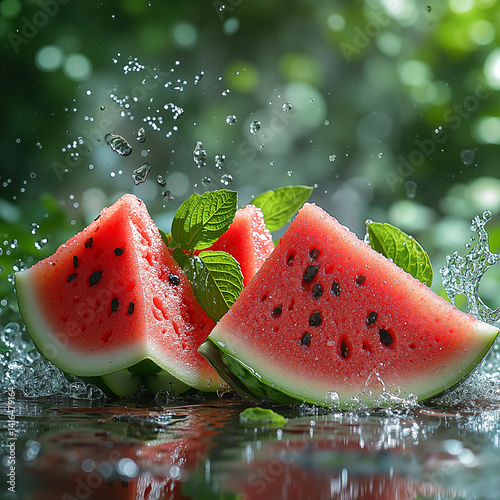 Cut Watermelon Slices Refreshingly on Green Background
