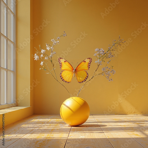 Minimal Yellow Butterfly Sitting Sweetly on Yellow Sphere