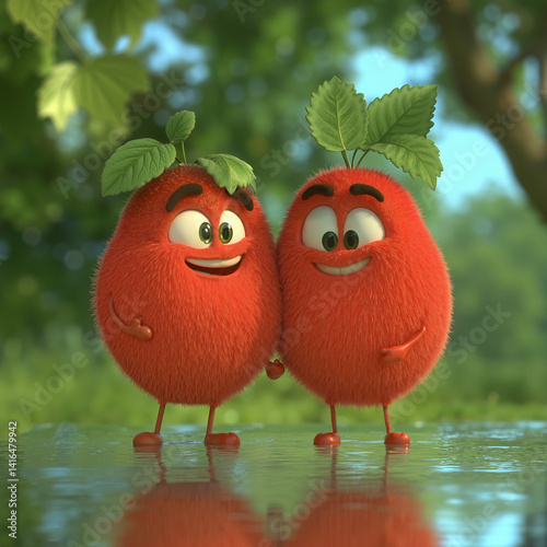 Two Fuzzy Cherry Characters Holding Hands In Cheerful Style