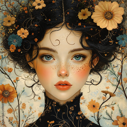 Dark-Haired Woman With Blue Eyes In Art Nouveau Autumn Portrait