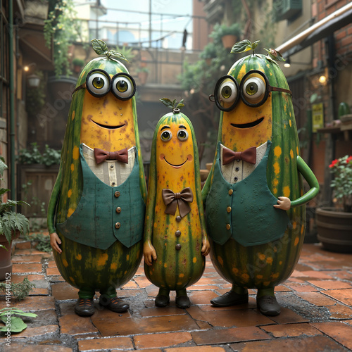 Whimsical Zucchini Family Cheerfully Posing Together On Brick Courtyard