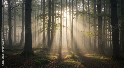 Mystical Forest Scene With Sunlit Mist Among Autumn Trees