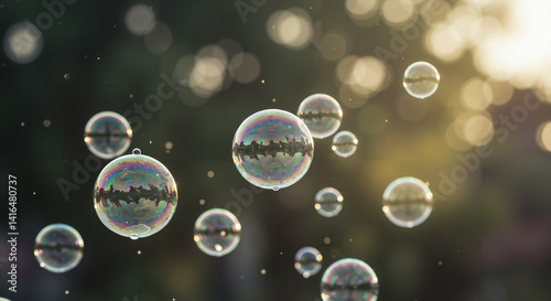 Soap bubbles in abstract style with iridescent colors floating on green blurred background