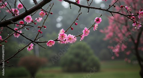 Plum blossoms with tranquil mood blooming gracefully in rain on green blurred background with space