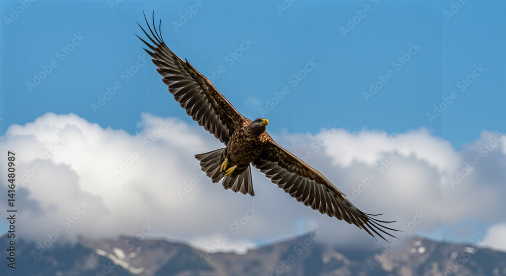Obraz premium Bald eagle with regal presence soaring with powerful posture against vibrant blue sky with clouds and mountains