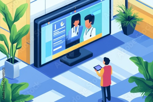 Virtual consultation in a modern healthcare setting, showcasing a patient interacting with doctors on a large screen, surrounded by greenery