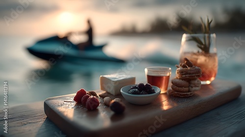 Lakeside barbecue and cocktails at sunset with a jet ski in the background
