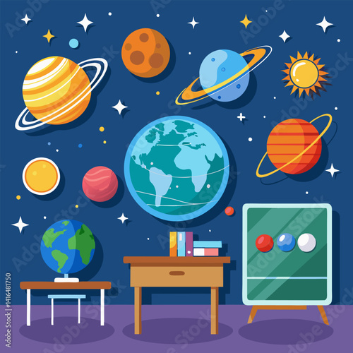 Solar System Classroom Illustration. Planets. Stars. and Learning