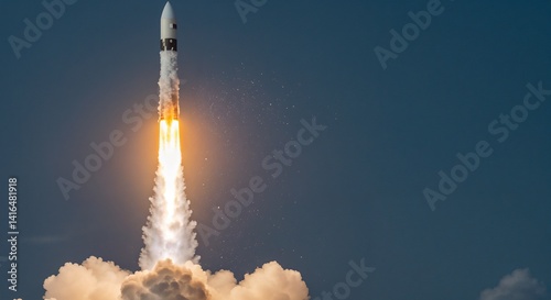 Dynamic Rocket Launch in Twilight Sky with Fiery Exhaust