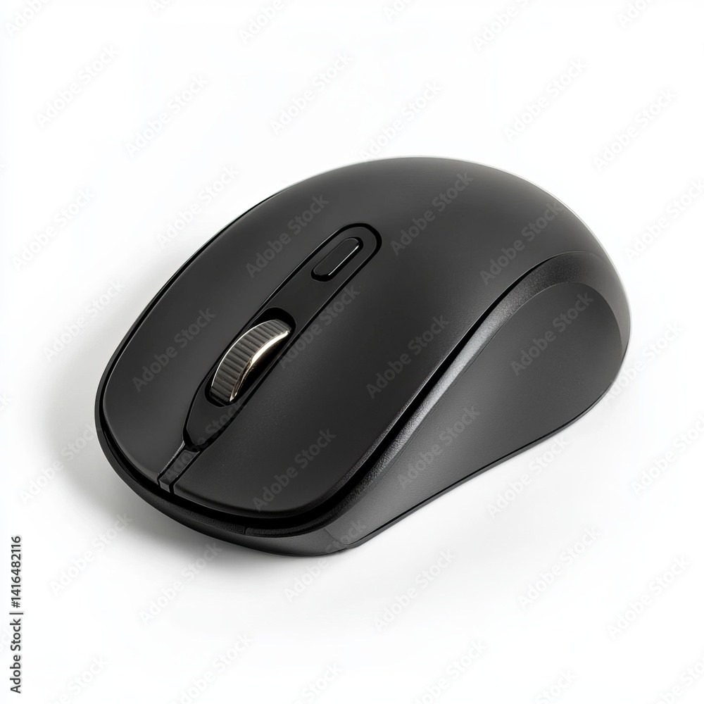 A black wireless mouse with a silver scroll wheel. It's a compact and portable design, perfect for everyday use. A black wireless mouse with a silver scroll wheel. It's a compact and portable design, perfect for everyday use.