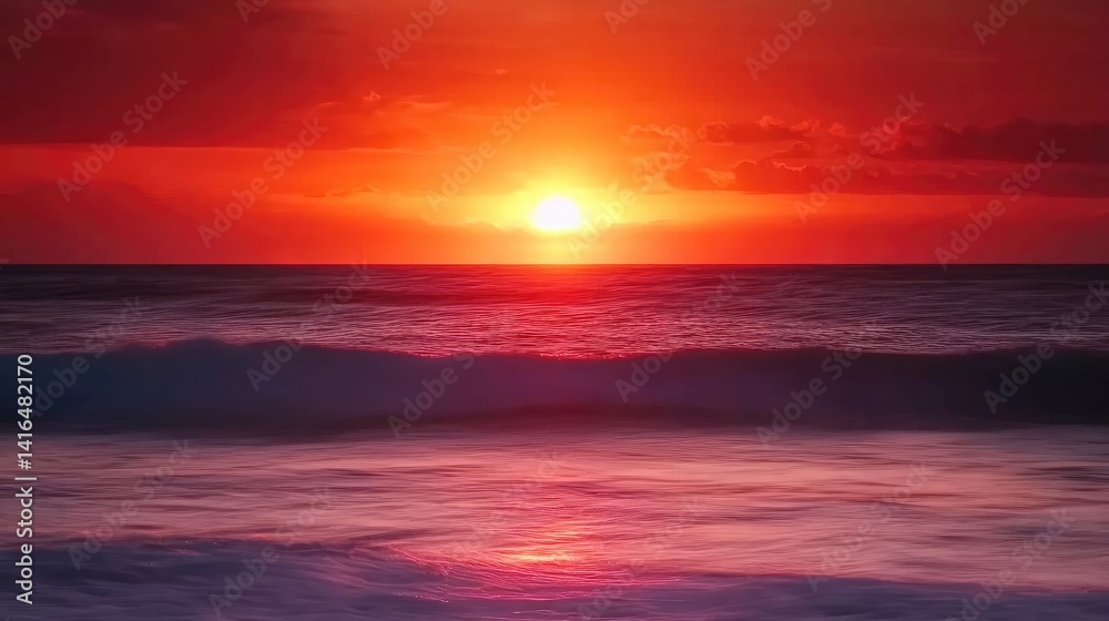 Obraz premium Long exposure of a red and orange sunset over the ocean