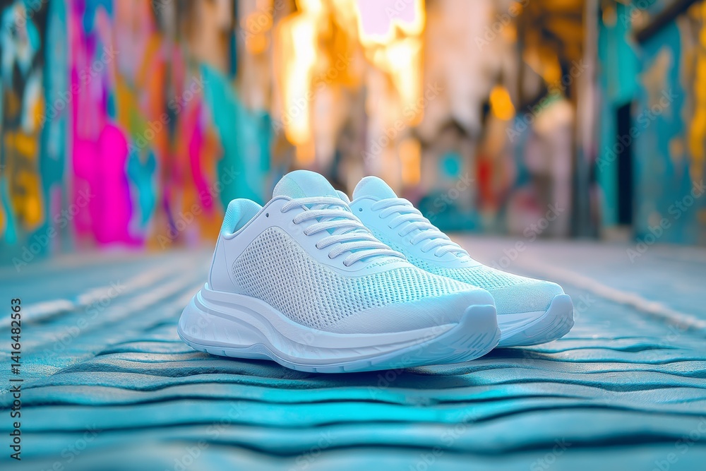 Stylish white running shoes on slightly blurred urban background with graffiti. Concept for streetwear campaigns, fitness brands targeting youth, or edgy sportswear product placements.