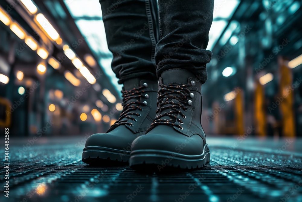 Fashionable black army boots on dark background. Concept for edgy fashion editorials, military-inspired street style promotions, or bold footwear advertising campaigns.