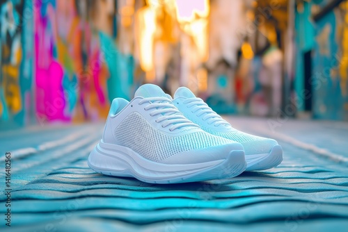 Obraz na płótnie Stylish white running shoes on slightly blurred urban background with graffiti. Concept for streetwear campaigns, fitness brands targeting youth, or edgy sportswear product placements. w salonie