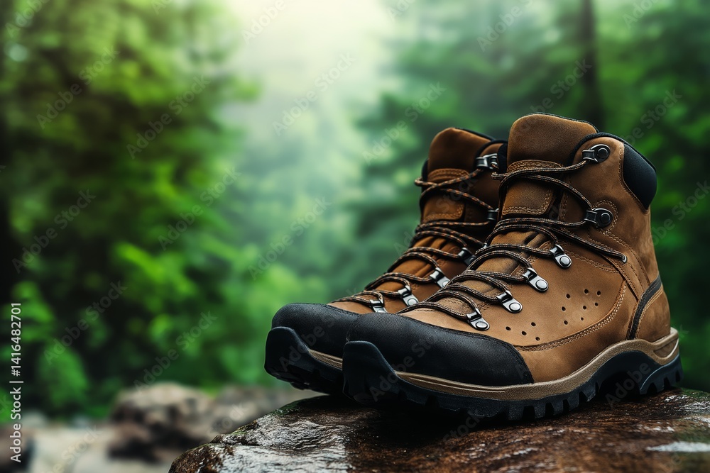 Pair of sturdy brown hiking boots on textured stone surface with blurred forest background and copy space. Concept of outdoor gear ads, adventure blogs, or travel magazines showcasing rugged footwear.