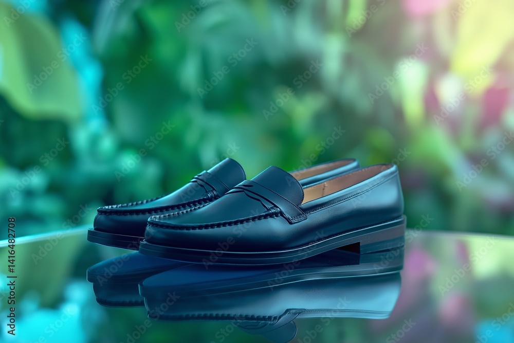 Pair of stylish black loafers placed on sleek modern glass table, with lush greenery backdrop. Perfect for fashion websites, online shoe stores, or lifestyle blogs promoting sophisticated footwear.